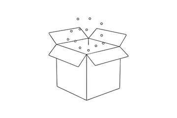 Minimalist single line drawing an open gift box with confetti celebration