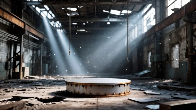 Moody Factory Interior with Steel Podium and Cold Light
