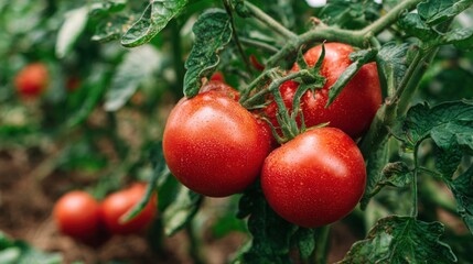 Obraz premium Plump, ripe tomatoes hang from lush green vines in a garden. The sun shines brightly, illuminating the vibrant red fruit, signaling perfect harvest time in late summer.