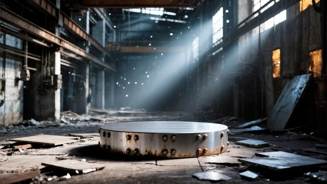 Weathered Steel Podium in Abandoned Industrial Factory