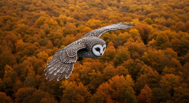 Owl flying through autumn forest canopy during daylight