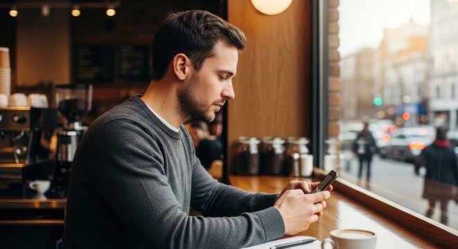 Man using smartphone in a cafe enjoying a coffee