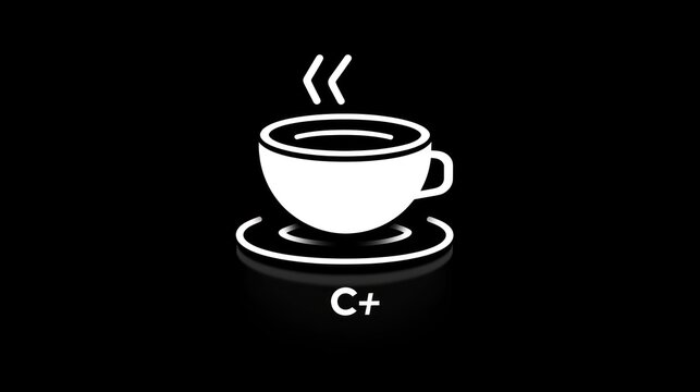 A steaming cup of coffee, a C++ programming symbol