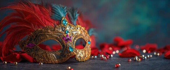 The stunning decorative mask with feathers and jewels on a vibrant background.