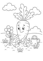 coloring book page of a carrot watering flowers in a garden.