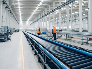 Obraz premium Two Workers Inspecting Conveyor Belt in a Modern Factory