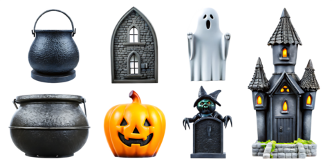 Halloween objects cauldron ghost pumpkin witch castle isolated on a transparent background