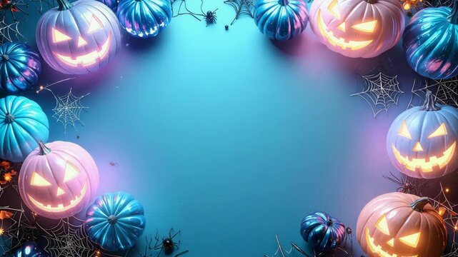 Halloween pumpkins with glowing faces create a spooky and festive border on vibrant blue background.
