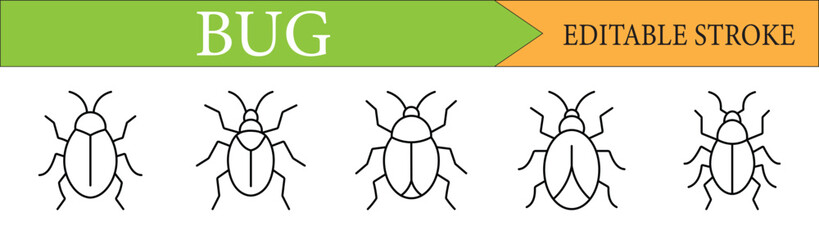 Bug linear icons set. A customizable collection of symbols for software errors, computer viruses, and program glitches. Editable stroke.