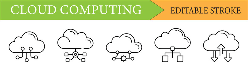 Cloud Computing linear icons set. Customizable symbols for online data storage, networking, and internet services. Editable stroke.