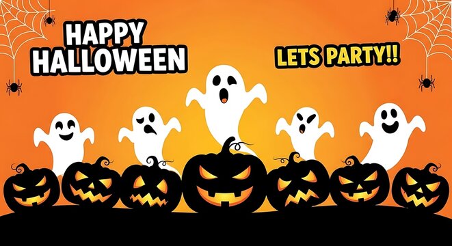 Happy halloween with ghost and pumpkin for halloween celebration and party, lets party