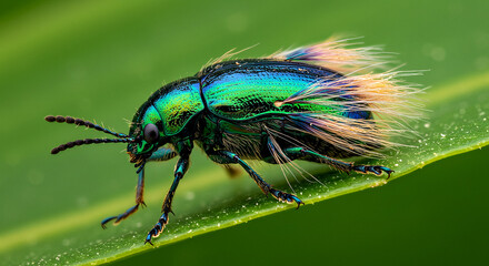 Fototapeta premium Close-Up of Iridescent Metallic Beetle with Blue, Green, and Red Exoskeleton on Green Leaf