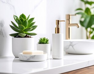 A serene bathroom scene featuring a succulent, soap dispenser, and elegant decor.