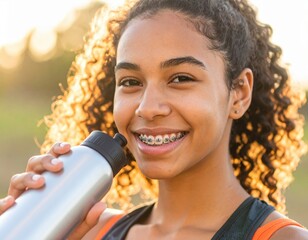 A smiling woman with braces drinks from a water bottle outdoors