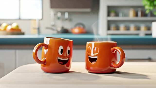 cute funny playful two cartoon cups of coffee in the kitchen