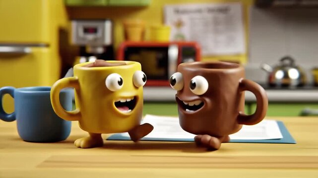 cute funny playful two cartoon cups of coffee in the kitchen