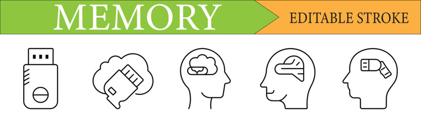 Memory linear icons set. A collection of customizable symbols for digital storage and human brain concepts. Editable stroke.
