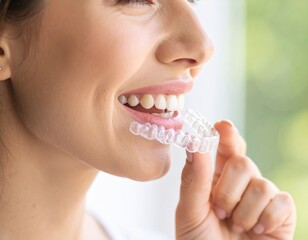 Smiling woman with clear aligners, showcasing dental health and teeth care.