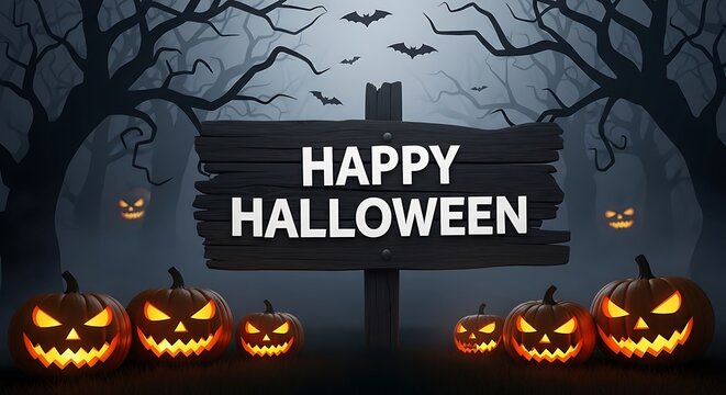 Spooky halloween night scene with pumpkins, bats and scary trees with happy halloween sign