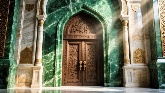 Sacred Arabic Entrance with Intricate Wood and Green Marble