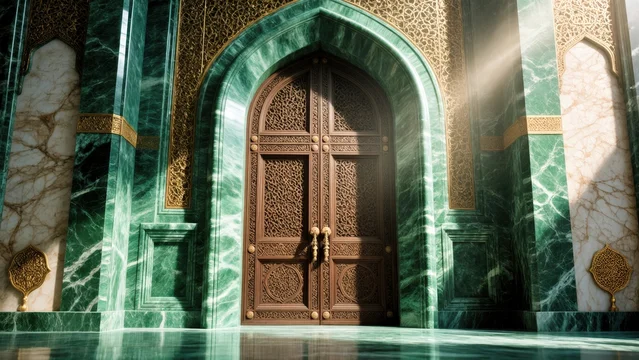 Islamic Carved Doors with Gold Inlays and Marble Walls