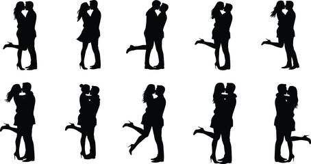 Romantic couple silhouettes kissing, love pose grid, affectionate embrace, stylized kiss art, black silhouette romance, leg lift gesture