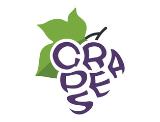 Inscription grapes in shape of grapes. Natural organic fruit. Harvest, agriculture and farming symbol. Isolated vector image