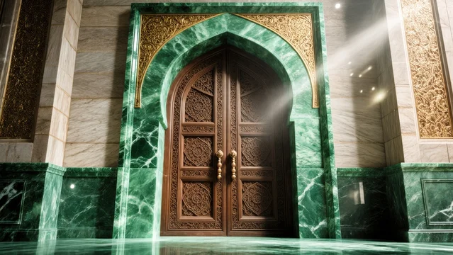 Ornate Wooden Doors in Emerald Marble Arabic Archway