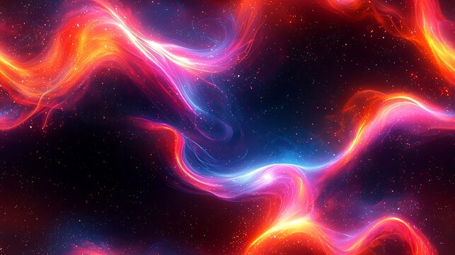 An energetic abstract digital art piece showcasing glowing, multicolored light trails forming intricate sine waves.