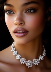 Elegant necklace adorns womans neck, showcasing intricate design and sparkling jewels, perfectly enhancing her beauty in captivating light during a glamorous evening event