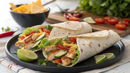 Deliciously fresh chicken wraps filled with crisp lettuce tomatoes and zesty lime
