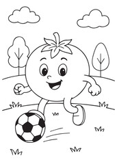 Coloring book page of a tomato playing soccer in the park.