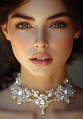 Elegant woman with stunning necklace showcasing intricate craftsmanship and sparkling design, enhancing natural beauty in a serene setting, reflecting sophistication and style
