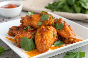 Fototapeta premium Spicy buffalo chicken wings with cilantro garnish delicious appetizer high resolution photo