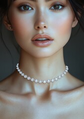 Elegant woman showcasing exquisite jewelry piece that enhances beauty and features with delicate craftsmanship, highlighting charm and sophistication in serene backdrop