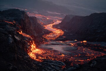 Naklejka premium Lava flow glows bright orange in dark volcanic landscape under twilight sky
