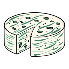 A vector illustration of a round Dorblu cheese wheel with a slice removed, showcasing a creamy off-white base with green marbling and dark green specks throughout, creating a visually appealing