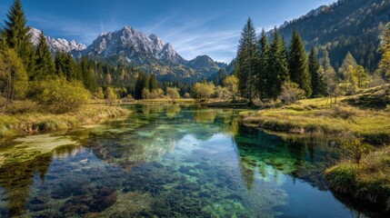 Breathtaking mountain landscape showcases clear blue water reflecting the surrounding trees and peaks under a clear sky. The scene evokes tranquility and natural beauty during daytime.
