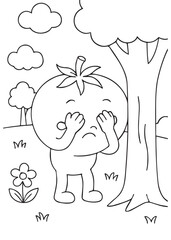 Coloring book page of a tomato playing hide and seek behind a tree.