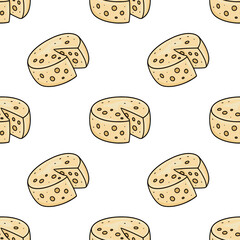 Seamless vector pattern of hand-drawn cheese wheels with a slice removed, showcasing a playful, cartoonish style with pale yellow color and black outlines on a white background.