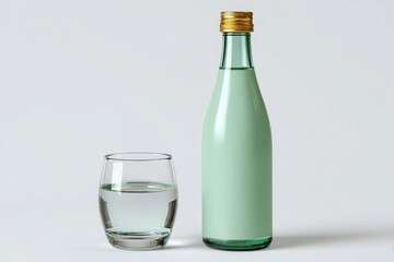 Clear liquid in a tall green bottle and a glass of water against a white background