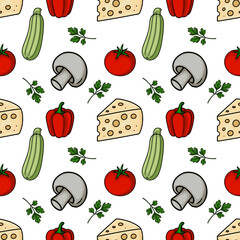 Seamless vector pattern of hand-drawn pizza ingredients: cheese, zucchini, tomatoes, mushrooms, and parsley, playfully scattered on a white background.