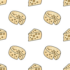 Delightful vector seamless pattern featuring hand-drawn illustrations of cheese wheels and wedges, showcasing a charming, lighthearted style with pale yellow and white color palette.