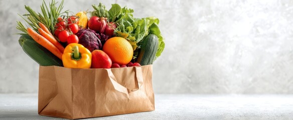 The vibrant assortment of fresh fruits and vegetables in a paper bag.