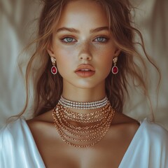 Elegant woman adorned with exquisite necklace and vibrant earrings, showcasing stunning beauty characterized by delicate features and radiant expression in a soft, stylish setting