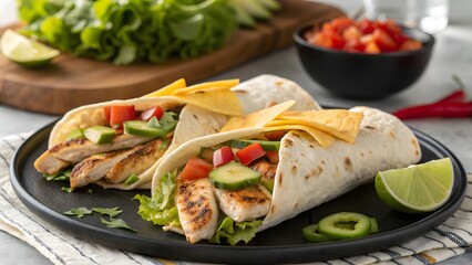 Deliciously prepared chicken tacos with fresh toppings and lime wedges on a dark plate