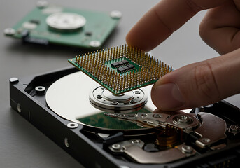 Obraz premium Assembling a New Computer: Precision Placement of CPU onto Hard Drive