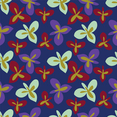 Modern and bold vector seamless pattern with large scale pink flowers on dark blue background. Hand-drawn in doodle style. Textile, background, packaging.
