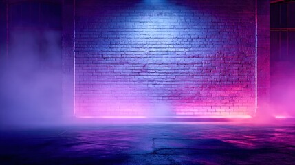 Obraz premium Abstract Neon Lit Brick Wall Background with Smoke Effects and Dramatic Lighting for Creative Projects