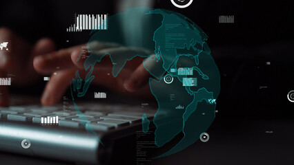 A business professional is engaged in typing on a sleek keyboard while a digital globe and data visuals hover above, symbolizing global connectivity and digital advancement. Xenic